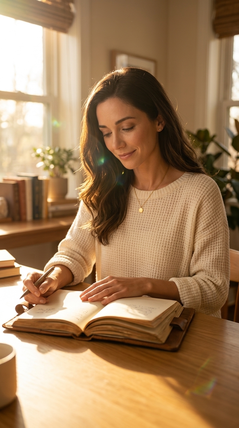 Libreta abierta y lapicero como símbolo de escritura, reflexión y calma interior.