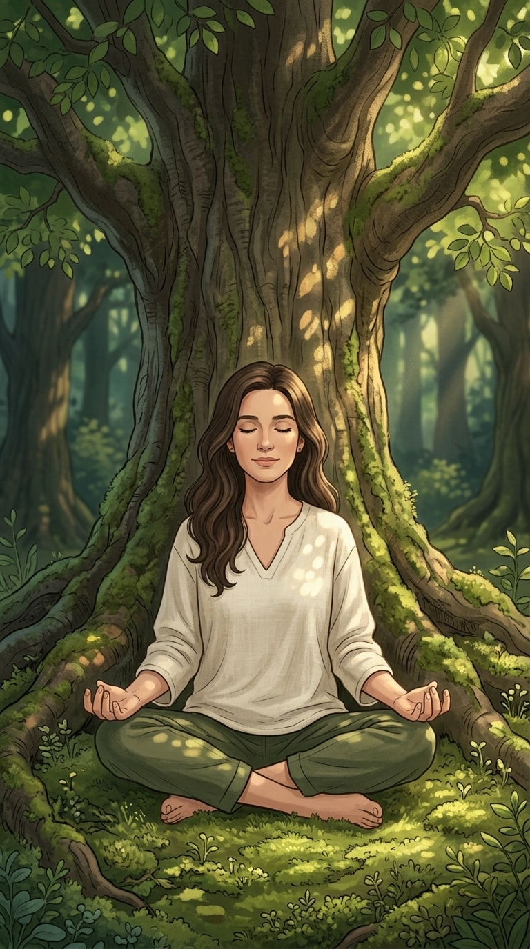 Mujer en un jardín tranquilo rodeada de flores, árboles y naturaleza, disfrutando de un momento de calma y respiración.