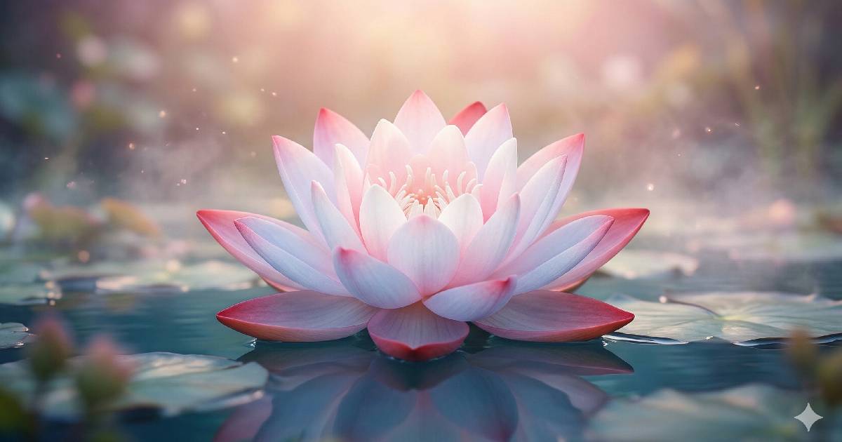 Una serena flor de loto rosa flotando en un estanque místico, con un reflejo claro y luz brumosa. Perfecta para meditación y belleza natural.